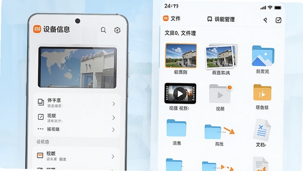 小米助手功能展示图，画面左侧为设备信息面板，右侧为文件管理列表，展示照片、视频、文档等多个分类文件夹，色调清新明亮