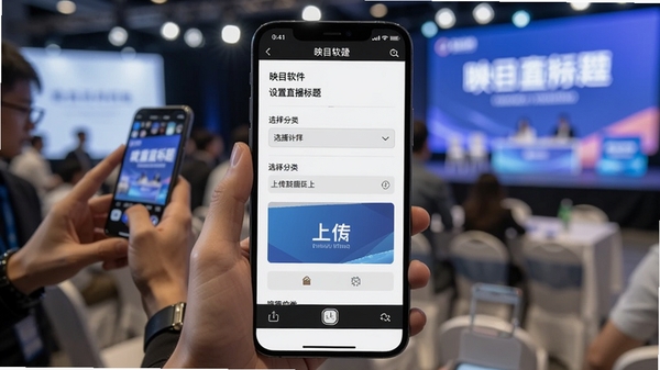 映目软件快速创建直播间的操作截图,手机屏幕上显示设置直播标题、选择分类和上传封面的步骤,背景虚化的会场环境中有人正在用手机操作,突出便捷与高效