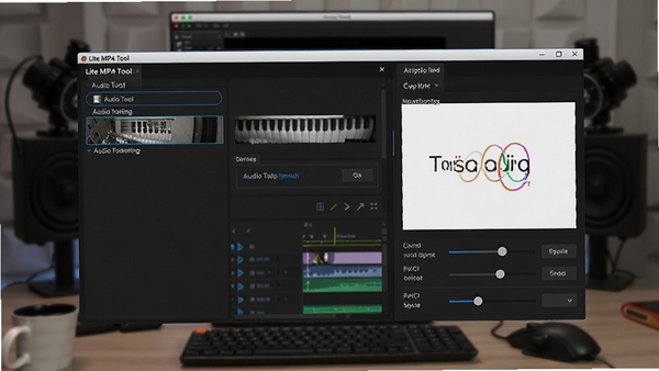 Lite MP4 Tool音频提取与字幕添加功能预览，显示软件界面中音频轨道设置选项和字幕样式调整面板，背景为视频编辑场景，突出软件多功能性