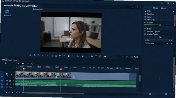Aiseesoft MPEG TS Converter视频编辑界面，显示时间轴上的裁剪工具和水印添加选项，背景为深蓝色调，功能面板布局规整，画面展示编辑过程中的预览效果