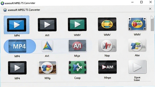 Aiseesoft MPEG TS Converter格式选择界面，展示多种视频格式图标排列，背景为浅灰色，突出MP4、AVI、WMV等选项，界面简洁清晰