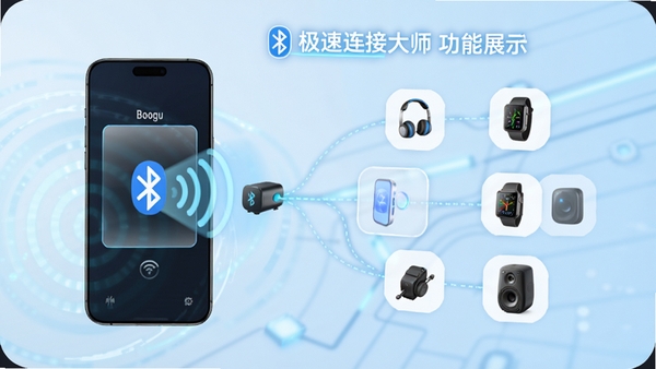 Boogu生成：蓝牙连接大师功能展示图，画面左侧为手机扫描蓝牙设备动画，右侧显示多个设备图标（耳机、手表、音箱）被连线连接至手机，背景为浅蓝色科技感光效，标注“极速配对”字样，画面清晰明快。