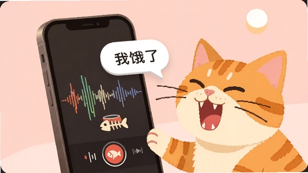 萌宠对话翻译器功能展示图，界面显示录音波形动画，一只橘猫对着手机张嘴叫喊，屏幕弹出气泡文字“我饿了”，旁边配着碗和鱼骨头图标，背景淡粉色，简洁扁平风格，高清，暖色调灯光，突出细节，视觉舒适