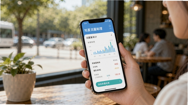 知夏流量助理手机端使用场景图，用户手持手机查看流量统计，背景为户外或咖啡厅，体现日常使用便捷性