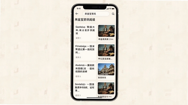 来金宝资讯阅读界面,展示新闻列表与图文混排样式,背景为浅色系,突出内容预览卡片,手机屏幕居中,四周留白,体现阅读的舒适感