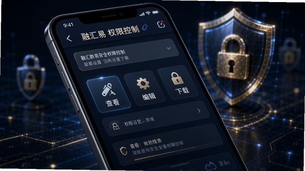 融汇数易安全权限控制界面，画面为手机屏幕展示权限设置选项，包括查看、编辑、下载等图标，背景有盾牌和锁形符号，整体色调偏冷色系，蓝黑色背景搭配金色线条，体现安全防护与专业管理氛围，UI细节丰富，层次分明
