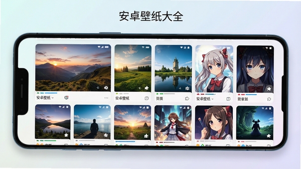 安卓壁纸大全软件主界面预览图，展示分类瀑布流壁纸缩略图，手机屏幕内呈现精美风景与动漫壁纸，背景为浅色渐变，界面简洁现代，突出软件名称“安卓壁纸大全”