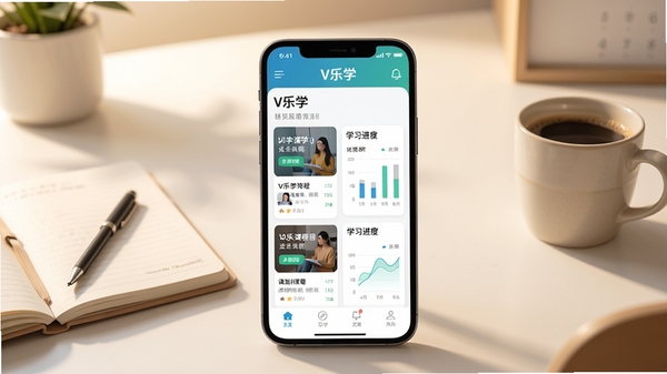 V乐学整体界面预览，展示首页课程列表与学习进度图表，背景为现代简约书桌场景，暖色调，画面中心为手机屏幕特写，显示V乐学APP界面，卡片式布局清晰可见，周围有笔记本和咖啡杯，风格明亮写实，4K高清