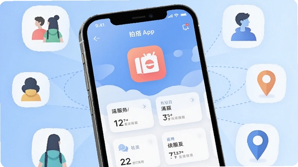 画面主体为一部亮屏的智能手机，屏幕中央清晰显示拍搭APP的主界面，界面采用简洁的卡片式布局，柔和蓝白渐变背景，四周有抽象的人物剪影与地点图标环绕，暗示社交与本地服务连接，整体风格明亮清新，扁平化插画风，高细节，适合应用商店宣传图