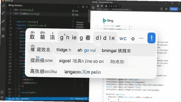 必应Bing输入法智能中英混输功能演示图，输入框内同时显示中文拼音与英文单词，联想候选词包含中英文混合选项，背景为代码编辑器或文档页面，突出高效办公场景