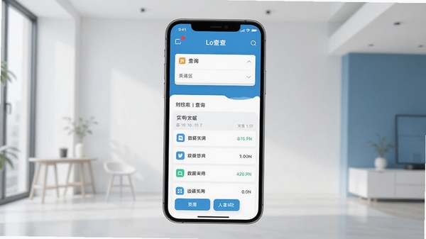 Lo查查软件主界面预览图，展示其简洁明了的布局，背景为现代简约风格，手机屏幕居中，界面显示清晰的查询功能和数据列表，整体色调清新，突出软件的实用性和易用性。