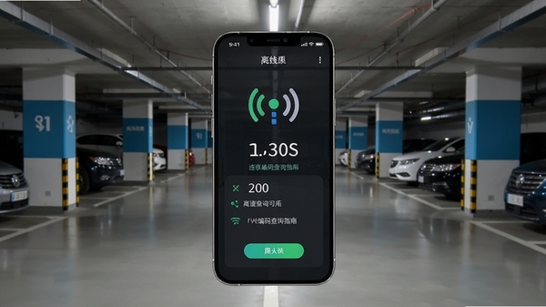 违章编码查询指南离线查询功能展示,手机无网络信号图标但依然显示查询结果,背景为停车场或地下车库,画面体现软件离线可用的特点