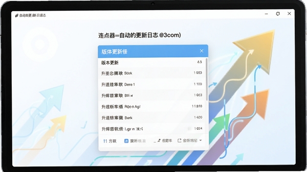 连点器自动的更新日志界面，屏幕中央显示版本更新列表，界面风格清新简洁，背景包含抽象化的升级箭头元素，整体传达软件持续优化的积极形象。