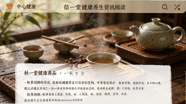 信一堂健康养生资讯阅读界面,展示一篇关于秋季润肺的文章配图,背景为木纹桌面与茶具,画面宁静,符合中医养生意境