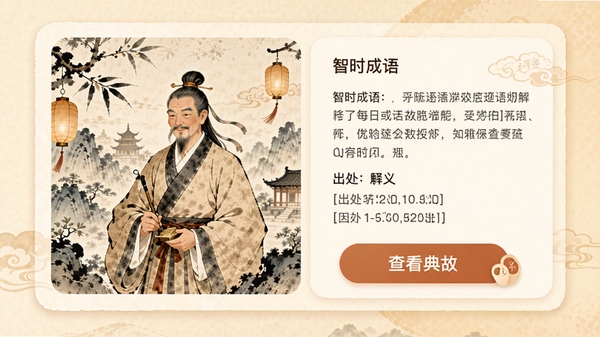 展示智时成语APP的每日成语推荐界面,左侧是古风插画配图,右侧是释义与出处文字,底部有“查看典故”按钮,界面采用卡片式设计,配色温暖,移动端UI布局清晰,适合作为功能预览图。