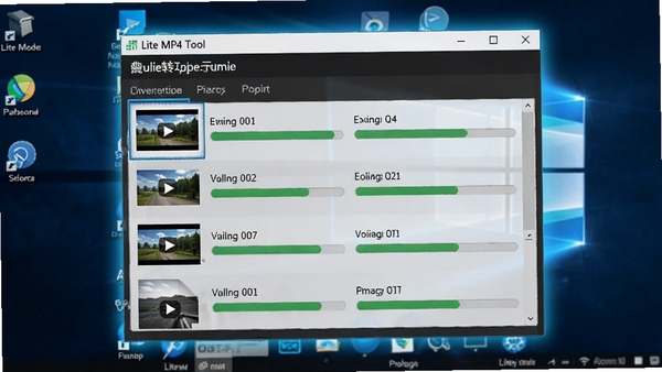 Lite MP4 Tool批量转换功能示意图，界面中同时列出多个视频文件，显示转换进度条，背景为电脑桌面，软件窗口高亮显示，突出多任务处理能力