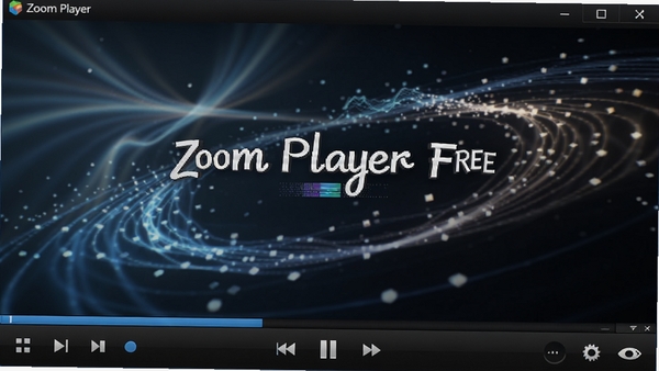 Zoom Player FREE 主界面预览图，深色主题，播放器控制栏清晰可见，背景为抽象的多媒体光效，整体风格现代且专业