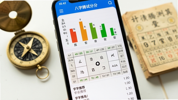 手机屏幕特写显示美名腾姓名测试打分的八字分析界面，界面上方是清晰的五行统计柱状图，中间为八字排盘表格，下方滚动着用字推荐列表，背景虚化的书桌上摆放着罗盘与老黄历，画面明亮，重点突出APP界面的数据可视化效果。