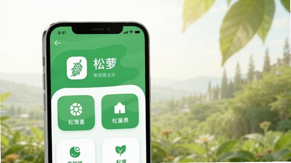 主视觉插画,前景是一个简洁的智能手机屏幕,屏幕中显示“松萝”app的主界面,以绿色和白色为主色调,界面内有整齐的功能模块图标,背景是虚化的户外自然光,整体风格清爽明亮,突出轻量和高效的感觉