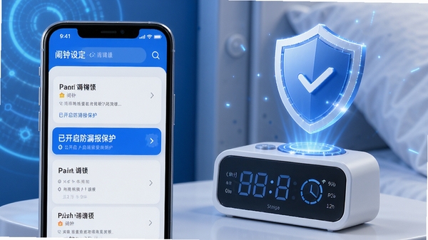 闹钟准时响铃的智能防漏报功能示意图,手机屏幕显示闹钟设定列表,其中一条闹钟高亮显示“已开启防漏报保护”,背景有盾牌图标,色彩以蓝色和白色为主,科技感强,画面简洁易懂