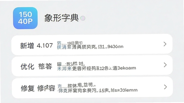 象形字典app 更新日志界面,背景为浅灰色,顶部有版本号图标,下面用列表形式展示新增、优化、修复内容,整体风格清新明快