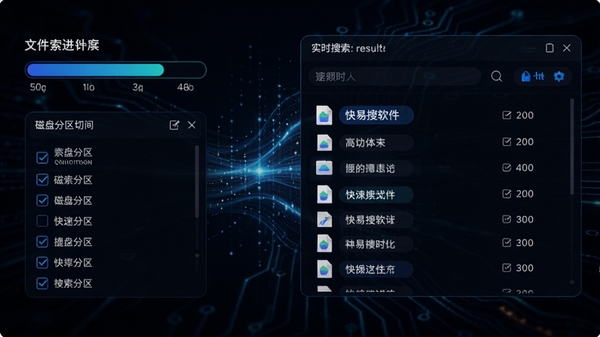 快易搜软件功能示意图，画面左侧为文件索引进度条和磁盘分区勾选列表，右侧为实时搜索结果的窗口，文件名高亮显示，背景为深色科技感风格，突出数据流动和快速响应的视觉效果