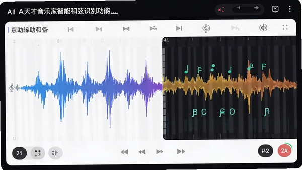 天才音乐家智能和弦识别功能截图,显示旋律波形与自动生成的和弦标记,界面简洁,色彩鲜明,突出AI辅助创作场景