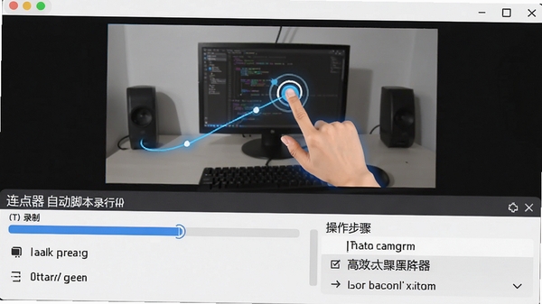 连点器自动的脚本录制界面，下方显示录制进度条与操作步骤列表，上方为屏幕预览，模拟手指点击轨迹的连线效果，整体画面体现自动化执行的高效感。