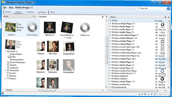 Windows Media Player 11 媒体库管理界面截图,显示按艺术家分类的音乐专辑视图,右侧展示详细的曲目列表,窗口采用蓝色高亮边框,整体风格干净整洁
