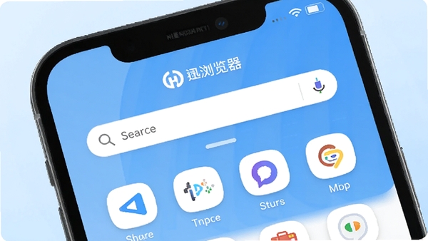 迅捷浏览器主界面预览图，展示极简风格首页布局，背景为淡蓝色渐变，手机屏幕中央显示搜索框与常用网站图标排列，画面明亮清晰，突出浏览器名称标识，整体风格现代科技感。