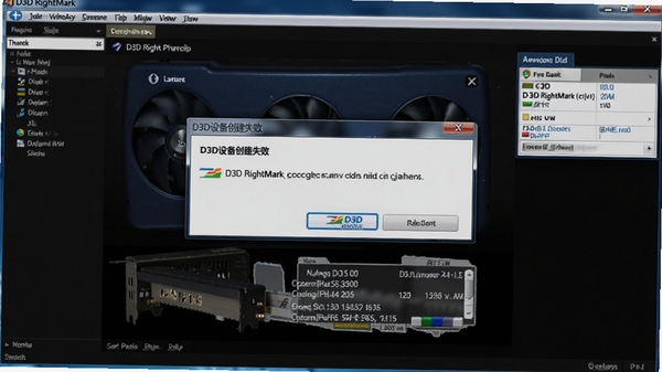 D3D RightMark运行报错截图,弹窗提示“D3D设备创建失败”,背景为软件主界面,下方显示显卡驱动版本信息,整体色调偏暗,营造故障排查氛围
