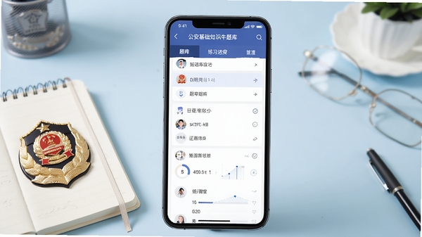 公安基础知识牛题库软件主界面预览图，手机屏幕中显示题库列表与练习进度图表，背景为淡蓝色学习桌面，左侧放置笔记本和警徽，画面清晰明亮，突出备考氛围