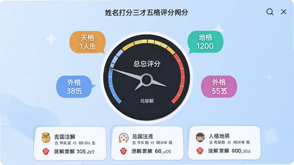 展示美名腾姓名测试打分三才五格评分界面的截图风格图片，中间是一个大型的圆形分数仪表盘，周围环绕五个彩色标签分别标注天格、人格、地格、外格、总格及对应分数，下方用卡片式布局列出各项吉凶注解，背景为淡蓝色渐变，整体风格清爽现代。