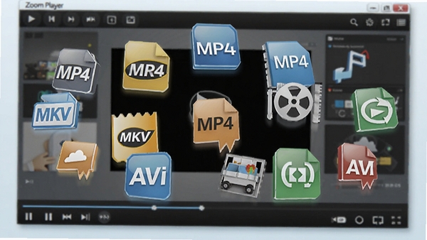 Zoom Player FREE 支持多种视频格式示意图，画面中悬浮着各种格式图标，如MP4、MKV、AVI等，背景为播放器界面，风格现代