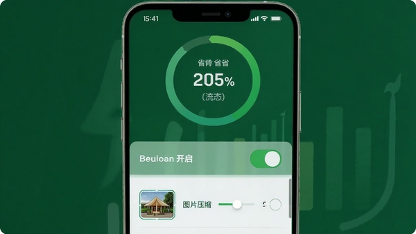 迅捷浏览器省流模式界面图，展示设置菜单中省流开关开启状态，背景为深绿色节能风格，手机屏幕上方显示流量节省百分比圆环，下方有图片压缩等级选项，整体色调清新自然。