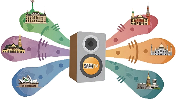 一张扁平化风格的功能示意图，画面中央是一个带有蜻蜓FM标识的立体扬声器，扬声器向外辐射出代表不同电台频率的彩色声波线条，线条末端连接着世界各地的地标性建筑简笔画，寓意全球电台内容的广泛聚合与流畅播放。