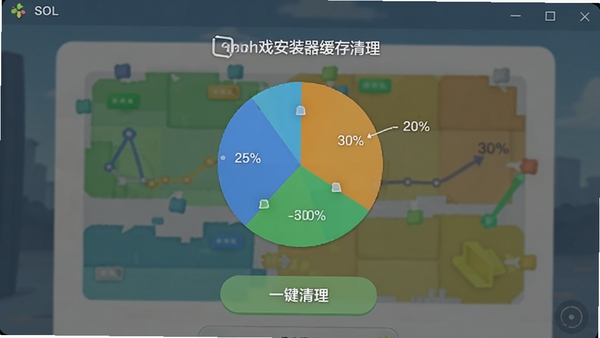 SOL: enchant安装器缓存清理界面，以饼状图展示游戏缓存占用比例，下方有“一键清理”按钮，背景为手机存储空间示意图，色彩清新，数据可视化风格。