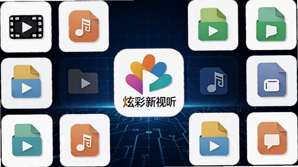 炫彩新视听（Flowery Media Player）的格式支持图标墙展示，画面中央为软件LOGO，四周环绕各种视频、音频文件格式图标，背景为深蓝色科技网格，整体风格简洁明了，突显其万能解码的核心优势