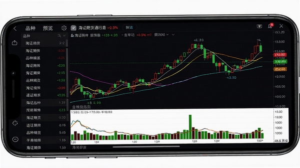 海证期货通行情图表功能预览图,屏幕展示手机横屏状态下的K线图界面,图中标注有均线、成交量副图,界面左侧有品种列表,整体配色深色背景配红绿涨跌色,画面清晰锐利