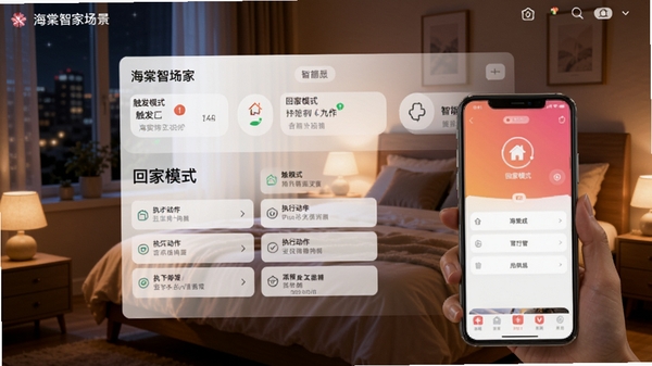 海棠智家场景编辑界面,显示“回家模式”操作流程,包含触发条件、执行动作列表,背景为温馨的卧室夜景,手机屏幕亮着显示海棠智家APP,整体氛围舒适智能