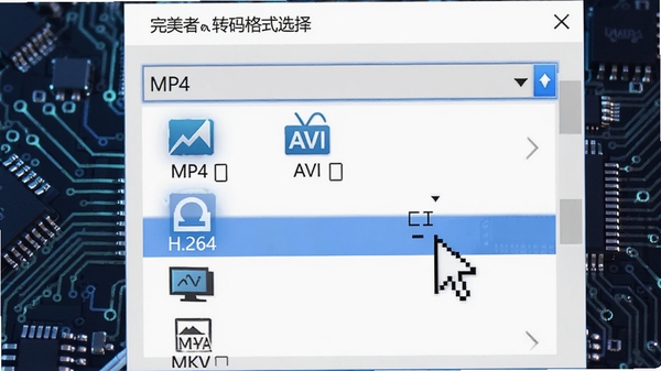 完美者转码格式选择窗口,下拉菜单中展示MP4、AVI、MKV等多种输出格式图标,鼠标悬停在H.264编码选项上,背景为电路板纹理,凸显技术感