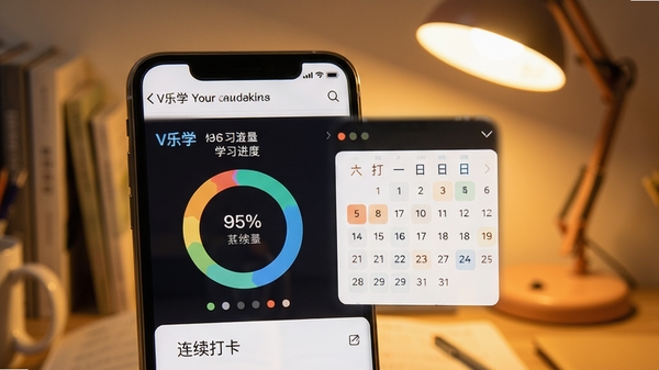 V乐学学习进度页面，展示环形统计图与连续打卡日历，背景为书桌台灯，色调温馨，手机界面占据画面主体，数据可视化清晰，风格细腻，浅景深效果