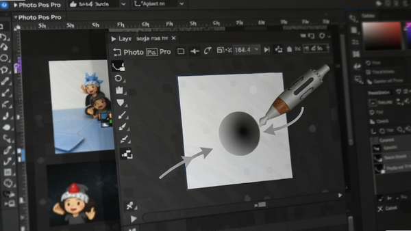 Photo Pos Pro 图层蒙版功能操作特写,画面展示多个图层叠加与蒙版缩略图,箭头指向蒙版绘制区域,背景为软件界面局部,强调其专业编辑能力