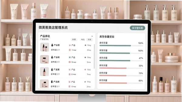 微美客美店管理系统库存管理界面设计图,展示产品列表和库存余量进度条,背景是整齐摆放美容产品的货架,颜色淡雅,界面简洁,细节到位