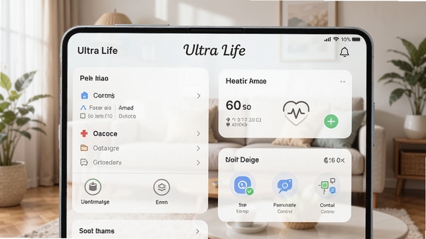 Ultra Life应用主界面预览图,界面风格清新简约,展示生活服务功能模块,包括日程管理、健康数据卡片与智能设备控制面板,背景为舒适的客厅环境,软件名称Ultra Life清晰显示在屏幕顶部