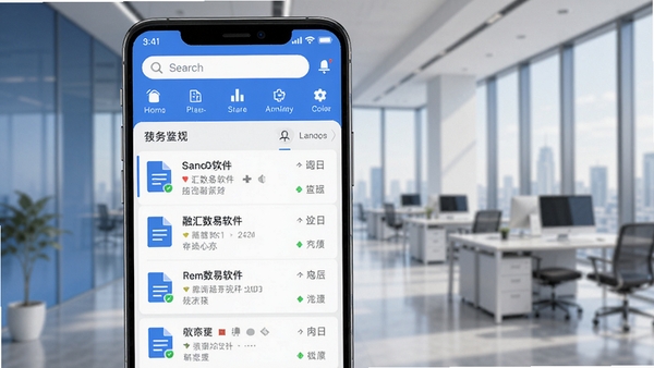 融汇数易软件主界面预览图，展示一款在安卓手机上运行的商务办公应用，界面整洁明亮，顶部有搜索栏和功能图标，中部显示文档列表和协作状态，背景为现代化办公室场景，色调以蓝色和白色为主，体现高效与专业感，画面清晰，UI设计精致，整体风格符合商务软件气质