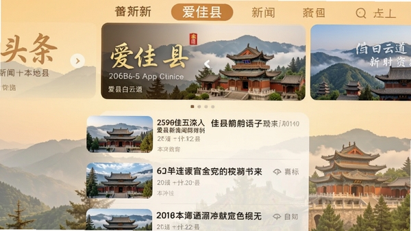 爱佳县App新闻资讯页面，顶部为头条轮播图，下方为列表式新闻条目，配以缩略图，背景融入佳县白云山道观景观元素，画面色调温暖，突出本地新闻的即时性与亲切感