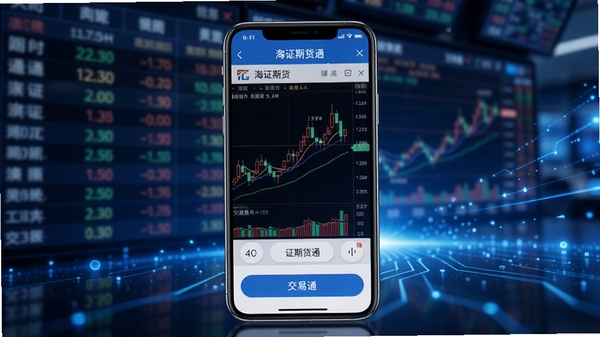 海证期货通软件主界面展示图,画面中心是一部运行着海证期货通APP的智能手机,屏幕内显示K线图与交易按钮,背景为模糊的金融数据大屏与蓝色科技感光效,整体风格专业且现代