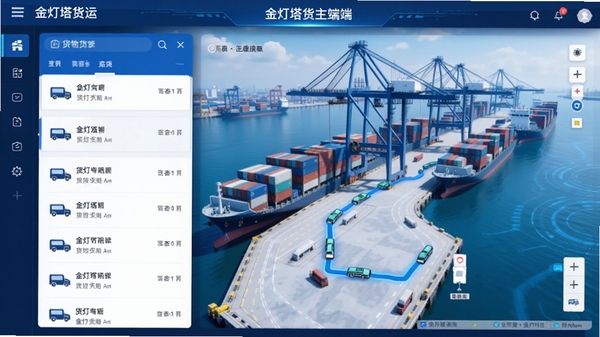金灯塔货主端软件主界面预览图,画面展示物流货运地图追踪场景,左侧为货物列表,右侧为车辆行驶轨迹路线,背景为现代化港口码头,整体色调蓝白相间,科技感十足