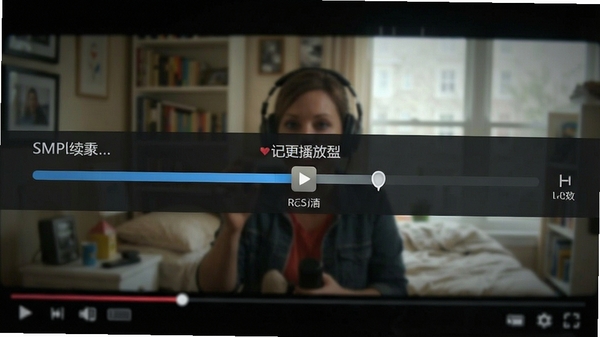 SMPlayer记忆播放功能示意，显示进度条上的断点续播标记，背景为视频播放画面